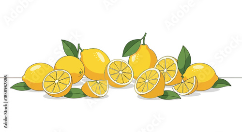 A vibrant illustration of fresh lemons and slices with leaves on a white background.