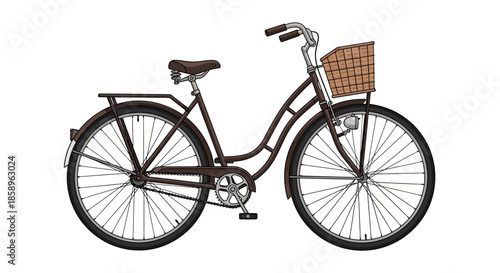 Vintage brown bicycle with front basket isolated on white background.