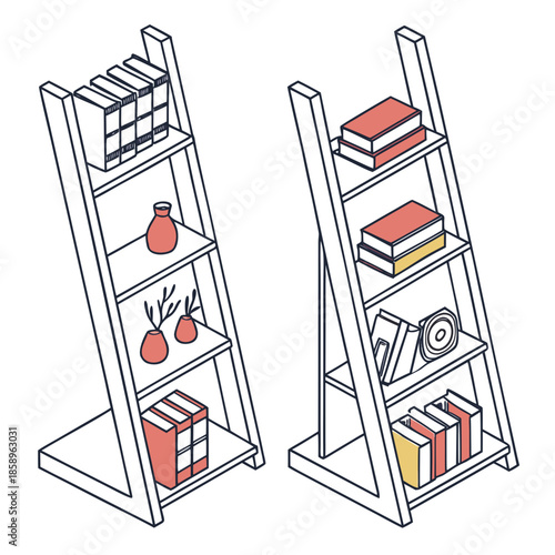 Modern leaning bookshelf with decorative items