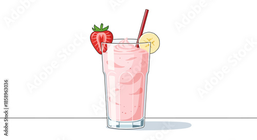 Refreshing strawberry banana smoothie in a glass with fruit garnish.
