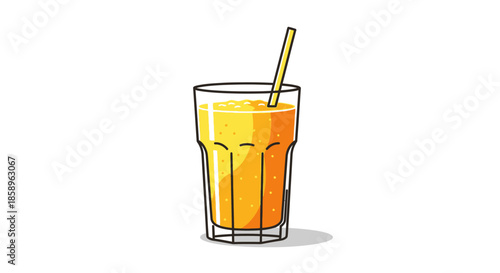 Glass of refreshing orange juice with a straw, isolated on white.