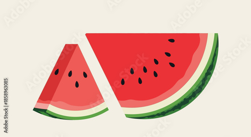 Two slices of watermelon with seeds on a light background.