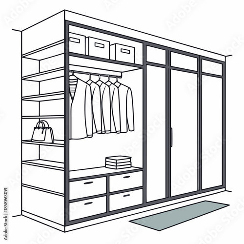 Modern walk-in closet with organized storage