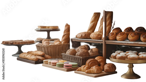 Assortment of Freshly Baked Croissants and Breads on Wooden Shelves and Cake Stands
