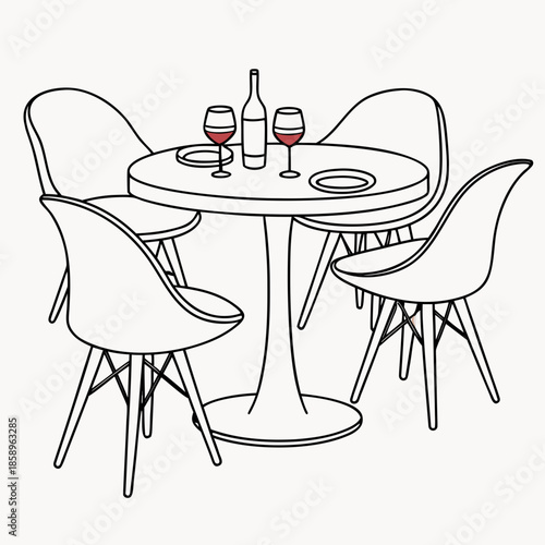 Modern dining table with wine and chairs
