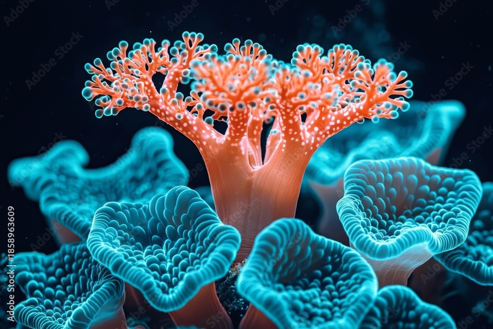 Obraz premium Coral with vibrant blue and orange accents against a dark backdrop.