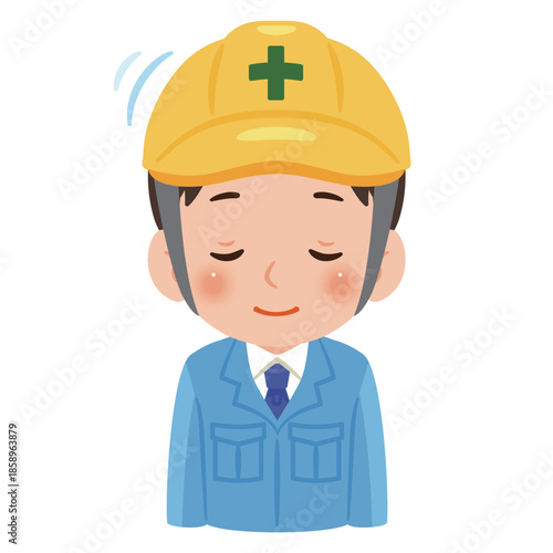お辞儀する作業服を着てヘルメットを被った男性　上半身イラスト／Man wearing work clothes and a safety helmet bowing, upper body illustration