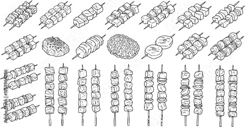 Food Industry Black and White Line Art Sketch Drawing of various Kebabs, Skewers, and Grilled Meat for BBQ, Restaurant Menus, and Cooking Concepts