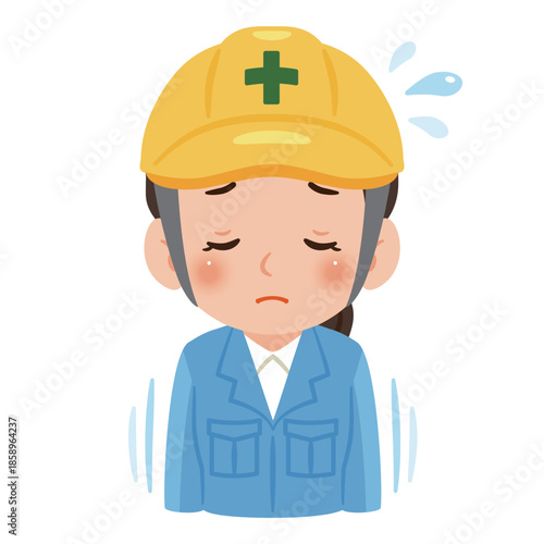 謝罪する作業服を着てヘルメットを被った女性　上半身イラスト／Woman wearing work clothes and a safety helmet apologizing, upper body illustration
