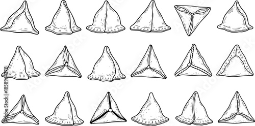 Black and White Line Art Hand Drawn Collection of Triangular Food Pastries and Dumplings. Isolated Vector Doodles Featuring Hamantaschen, Somsa, Samsa, and Baked Goods for Cuisine.