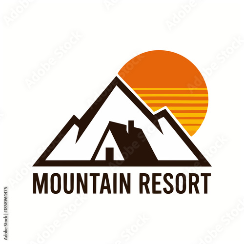 Mountain Resort Scene at Sunset with Peaks and Lodge