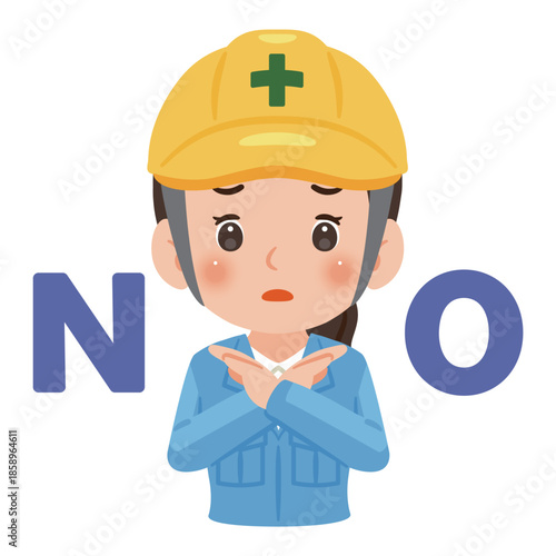 両手でバツのポーズをする作業服を着てヘルメットを被った女性　上半身イラスト／Woman wearing work clothes and a safety helmet making a cross gesture with both hands, upper body illustration