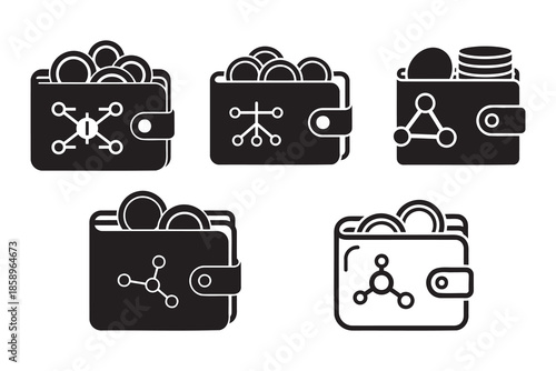 wallet with coins and network connection icons for finance and technology concepts