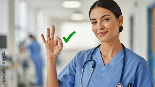 Professional Smiling Female Doctor Showing Ok Sign in Hospital Corridor Footage