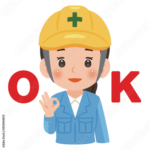 片手でOKサインする作業服を着てヘルメットを被った女性　上半身イラスト／Woman wearing work clothes and a safety helmet making an OK sign with one hand, upper body illustration