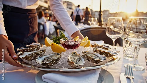 Waiter Serving Fresh Oysters at a Waterfront Restaurant During Sunset.