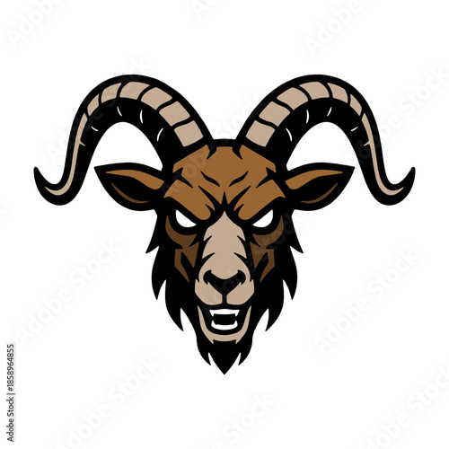 Fierce goat head with sharp horns and intense expression