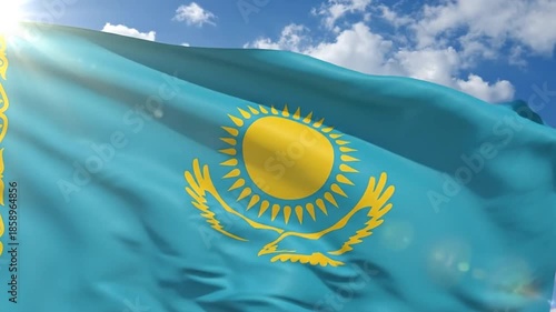 Seamless Looping Animation: Kazakhstan Flag Waving in the Wind against Blue Sky Background