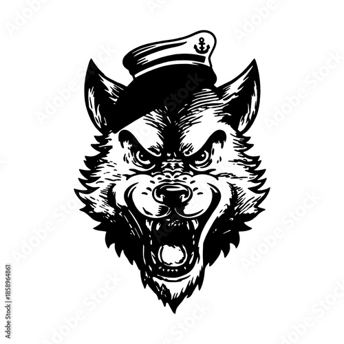 Fierce wolf wearing sailor hat with anchor emblem growling aggressively