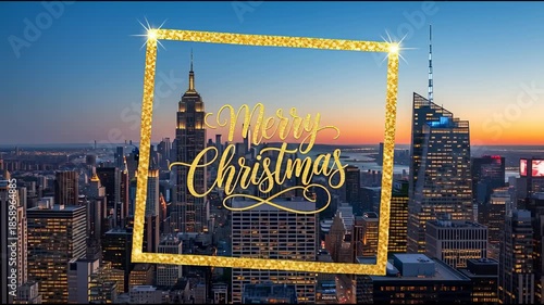 Christmas greetings over city skyline with gold glitter frame
