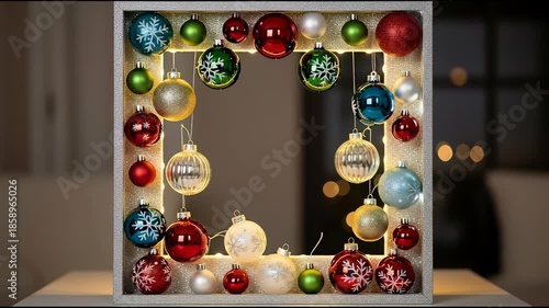 Christmas ornaments display with square frame and lights festive decoration