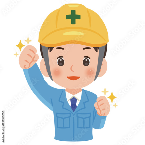 やる気のある作業服を着てヘルメットを被った男性　上半身イラスト／Motivated man wearing work clothes and a safety helmet making a fist pump, upper body illustration