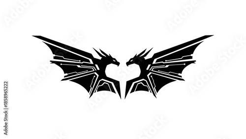 Black graphic illustration of two dragon heads with wings spread out on a white
