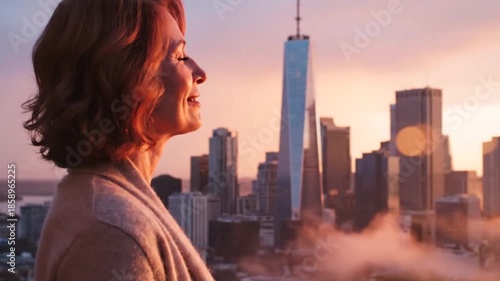 Woman enjoying sunset over New York City skyline.