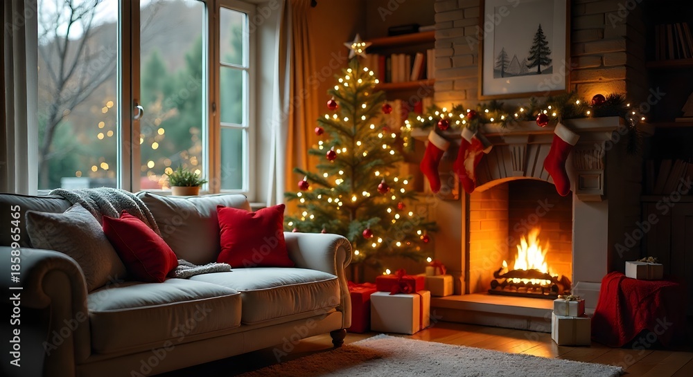 Fototapeta premium Festive Christmas Living Room Interior with Cozy Fireplace Lighting