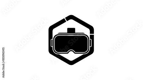 Black logo of virtual reality goggles in a hexagon on a white background.