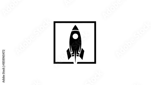 Simple black icon of a rocket ship in a square frame on a white background.