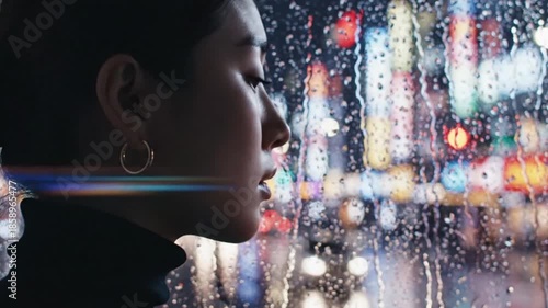 Woman looking out window at rainy city lights at night.