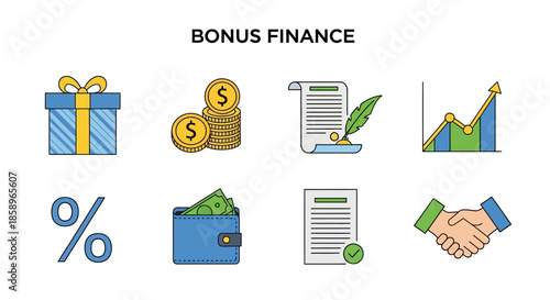 Flat lay of finance and bonus icons on a white background.