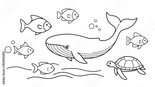 A delightful line art collection featuring various ocean creatures, including a majestic whale, playful fish, and a gentle sea turtle, ideal for coloring books and educational content