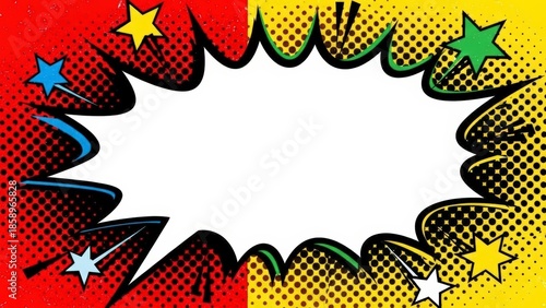 Comic book style explosion speech bubble with stars on a red and yellow halftone background.