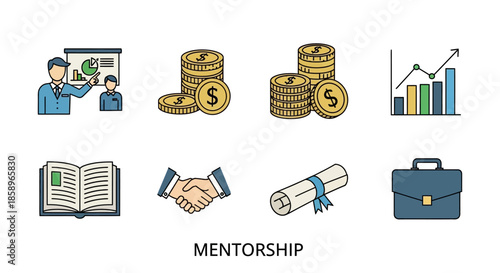Flat lay illustration of mentorship icons on a white background