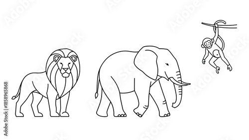 Outline illustration of safari animals lion, elephant, and monkey, suitable for educational or artistic purposes
