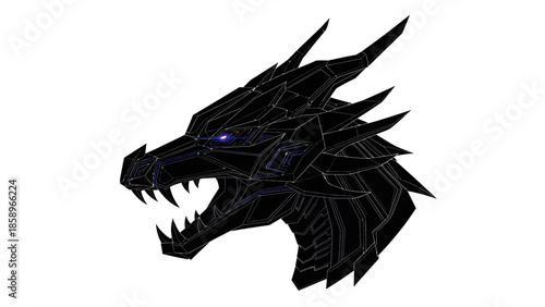 A black dragon's head with blue eyes and sharp teeth on a white background.