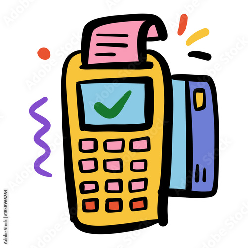 Doodle-style cartoon payment terminal illustration for POS checkout and contactless payment use case