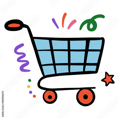 Doodle-style, hand-drawn shopping cart illustration for online shopping and retail use