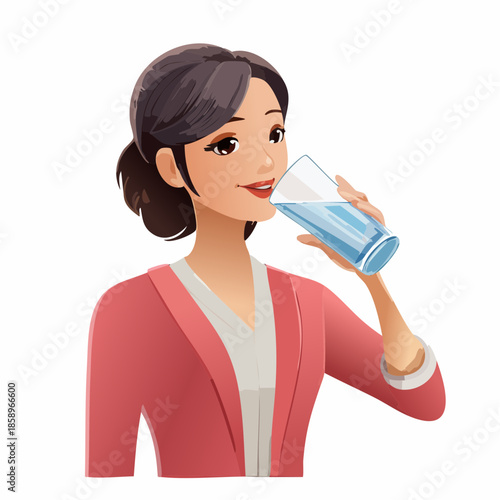 コップの水を飲む女性のイラスト