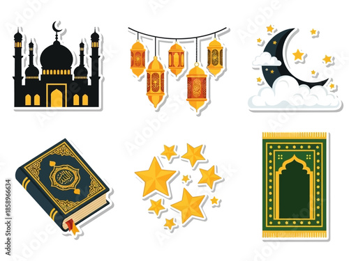 Ramadan Elements Mosque, Lanterns, Crescent Moon, Stars, Quran, and Prayer Rug Stickers - Decorative Set