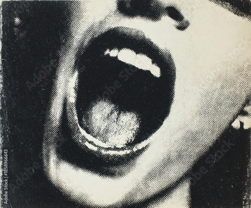 Extreme Close-up of a Woman's Open Mouth and Tongue in Halftone Style screaming shouting