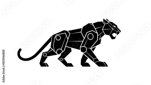 Black robotic panther walking on a white background with geometric lines.