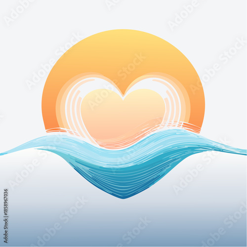 Sunrise over ocean waves, with a heart shape formed by the sun's rays, symbolizing love and new beginnings