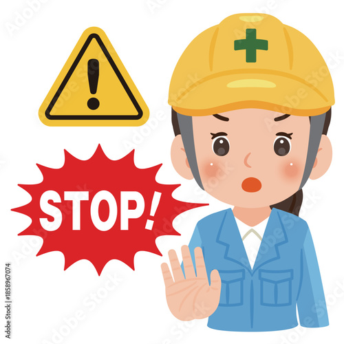手をかざして静止する作業服を着てヘルメットを被った女性　上半身イラスト／Woman wearing work clothes and a safety helmet holding up one hand to signal stop, upper body illustration