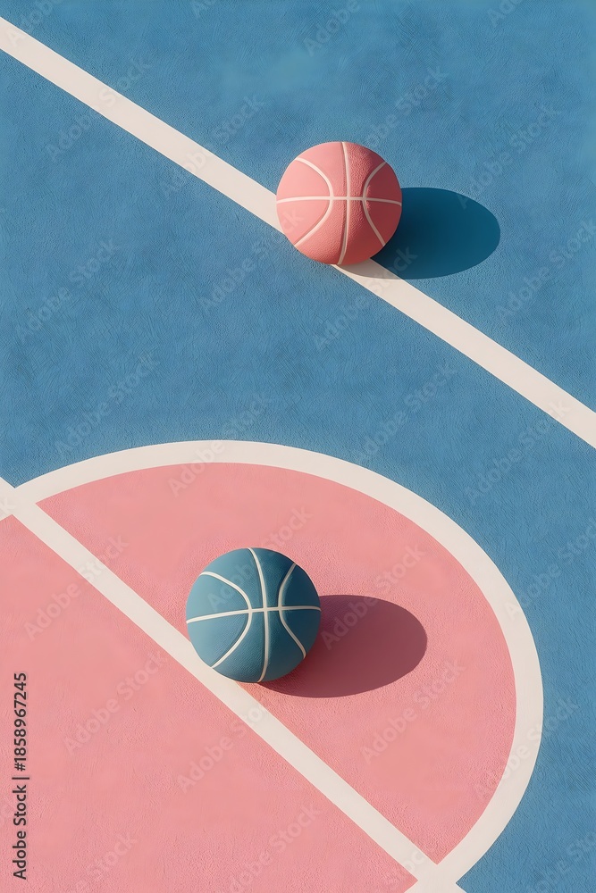 Obraz premium Pink and Teal Basketballs on Pastel Blue and Pink Basketball Court Overhead View