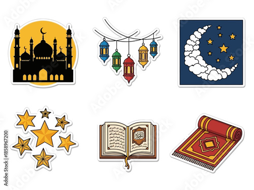 Set of colorful Ramadan illustrations, featuring mosque, lanterns, stars, Quran, and prayer rug icons