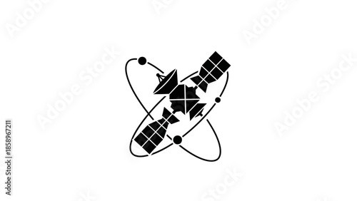 Black and white illustration of a satellite orbiting Earth with solar panels
