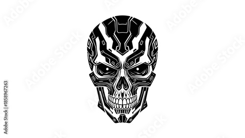 Illustration of a black and white skull with tribal patterns on a plain white background.